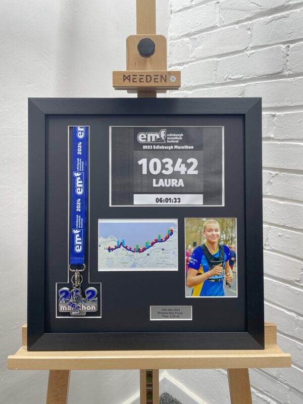 Edinburgh Marathon medal frame with bib, photo, and map.