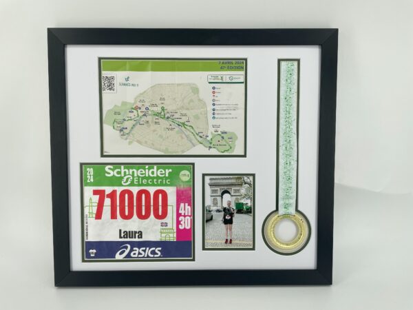 Paris Marathon medal frame with bib, photo, and map.