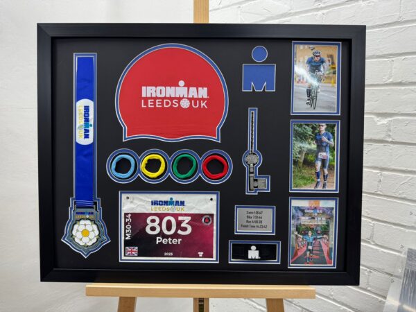 Ironman Leeds UK Medal Frame displaying a finisher’s medal with a sleek, modern design.