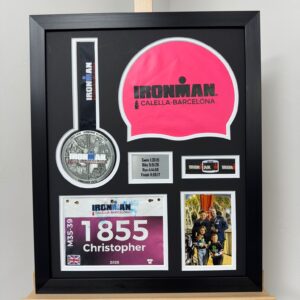 DIY Ironman medal and bib display frame kit, handcrafted for athletes to build a personalized Ironman finisher wall display.